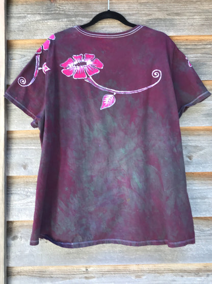 Flower Power In Tourmaline Temptation Handmade Batik Vneck Tee - Plus Size - 4X