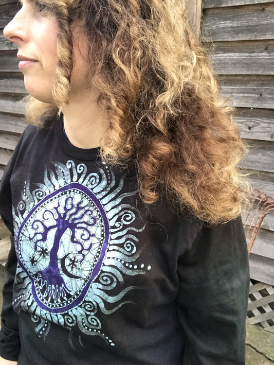 Oval Tree Pendant In Chocolate Brown Handmade Batik Long Sleeve Tshirt - Size XL