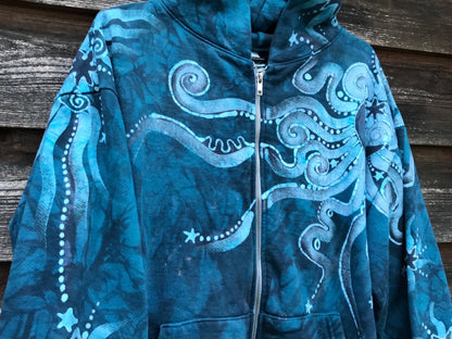 Denim Blue Moon Handcrafted Batik Zipper Hoodie - Size Medium hoodie batikwalla 