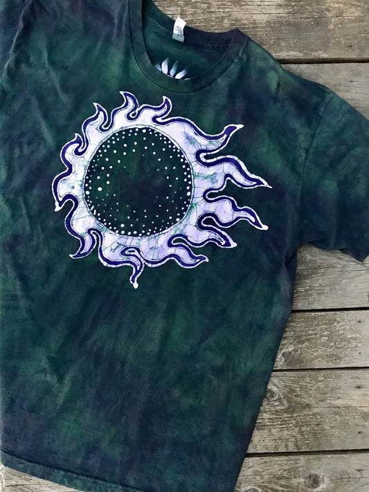 Solar Eclipse in Teal and Dark Purple Handmade Batikwalla Tshirt