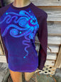 Midnight Blue and Purple Moon Swirls Black Raglan 3/4 Sleeve Batik Top Tops Batikwalla Medium 