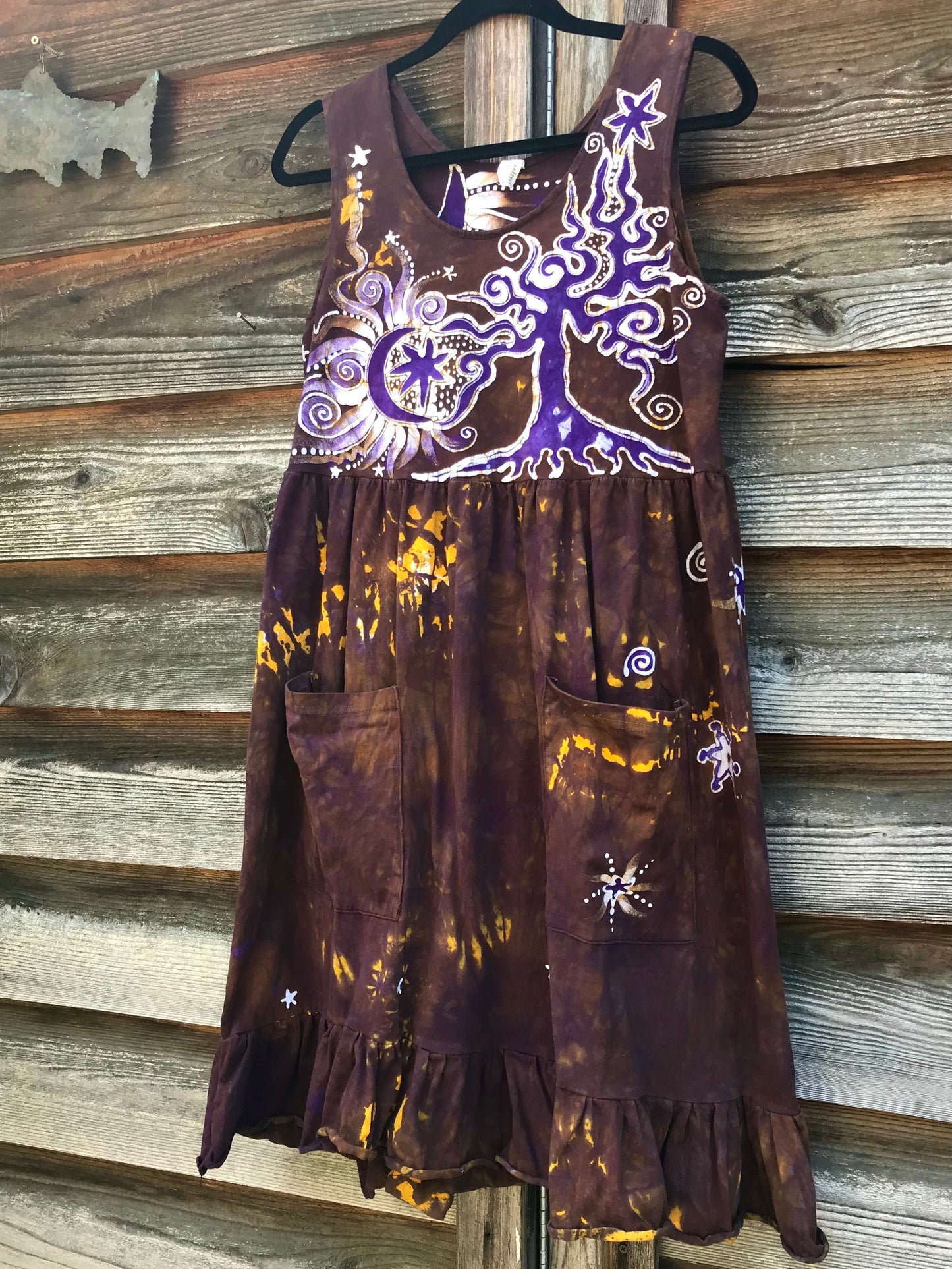 Golden Sun Purple Forest Farmer's Market Pocket Dress - Size Medium Batik Dresses Batikwalla 