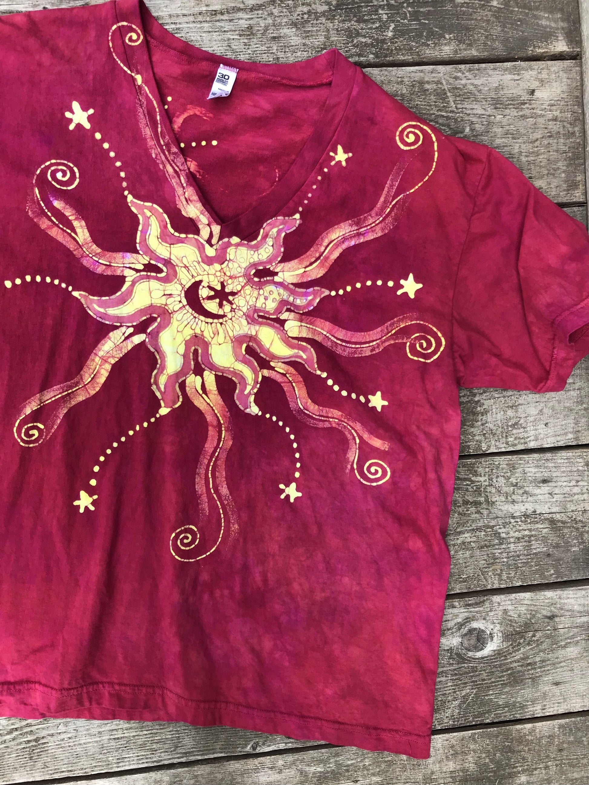 Moonbeams Mandala in Campfire Red - HandCrafted Batik Vneck Tee Batikwalla by Victoria 