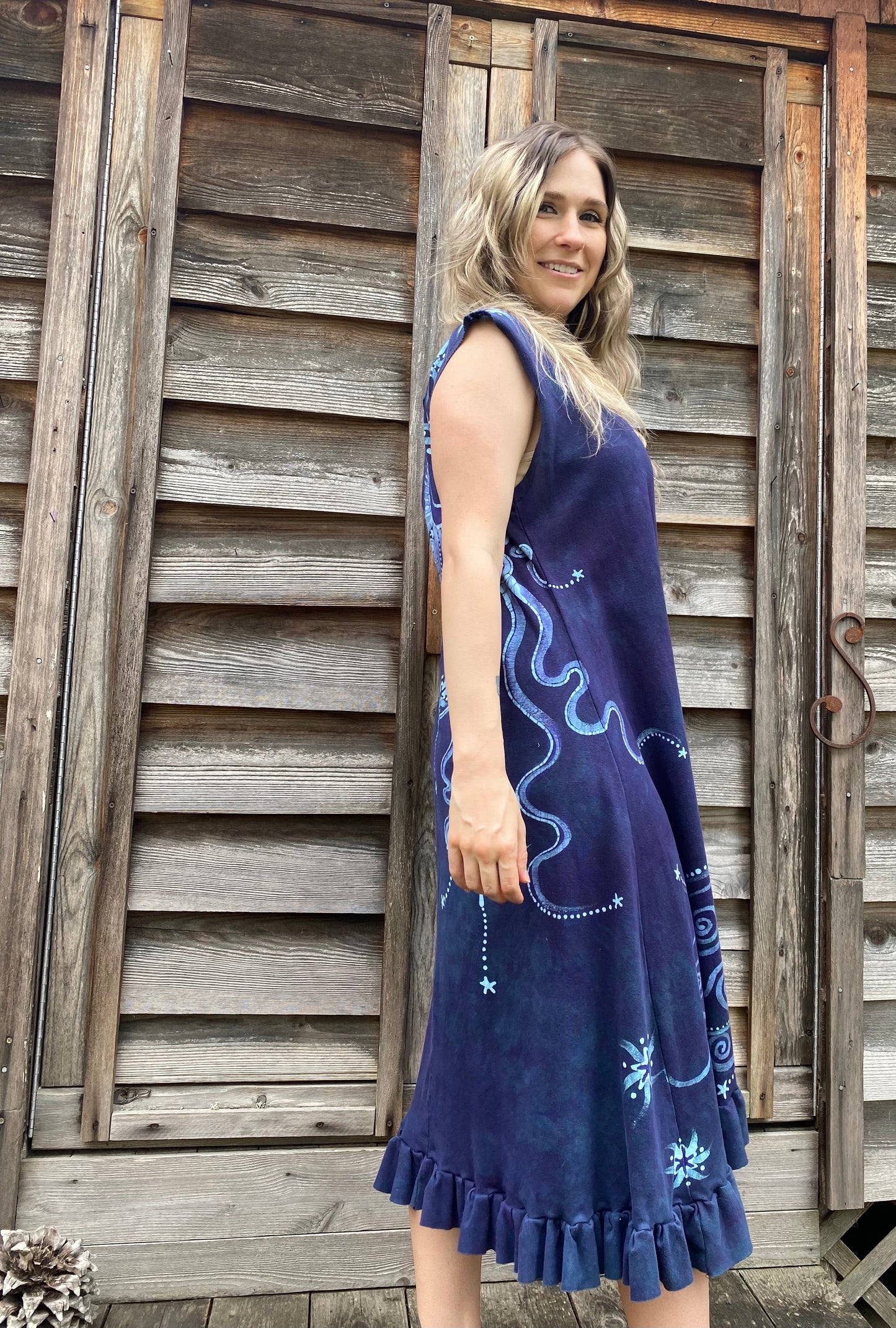 Teal and Purple Tree in the Forest Organic Cotton Batik Dress Batik Dresses Batikwalla 