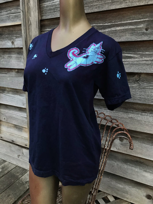 Cats So Cute Vneck Tee in The Deepest Blue With Turquoise Highlights - Unisex Tshirts batikwalla 