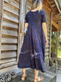 Rustic Denim Tree - Hand Painted Short Sleeve Batik Dress - With Pockets Batik Dresses Batikwalla 