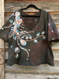 Autumn Leaves Deep Vneck Organic Cotton Handmade Batik Top, Size 2X Plus Batik Dresses Batikwalla 