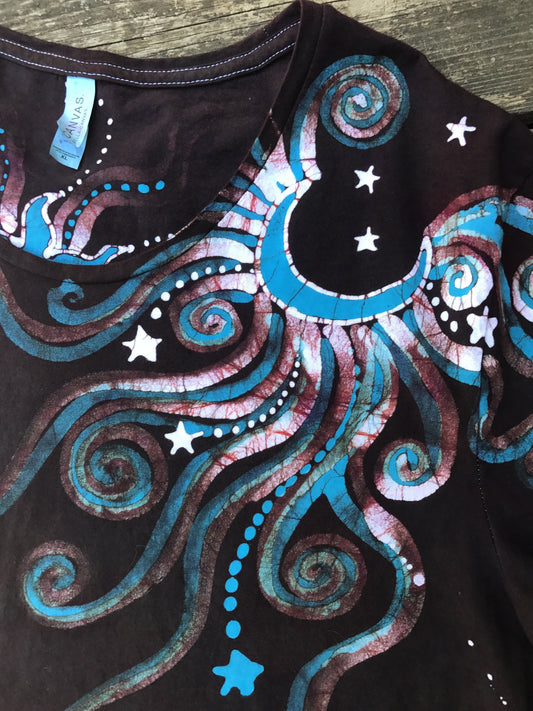 Rust and Turquoise Moonbeams Handmade Batik Scoop Neck Tshirt - Size XL