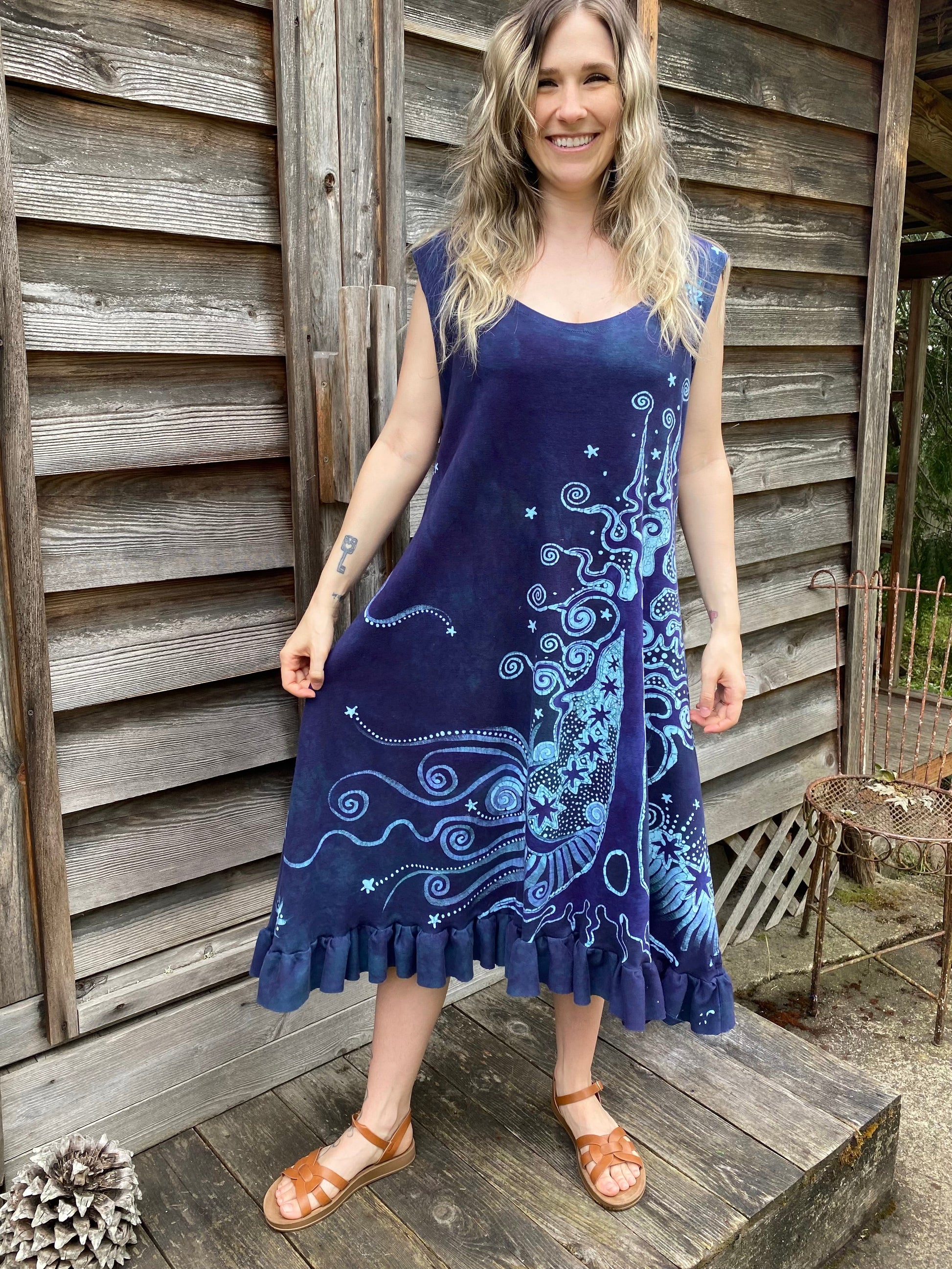 Teal and Purple Tree in the Forest Organic Cotton Batik Dress Batik Dresses Batikwalla 