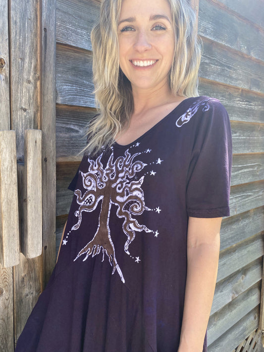 Plum Tree Moonlight Dancer in Deep Purple - Short Sleeve Batik Dress Batik Dresses Batikwalla 
