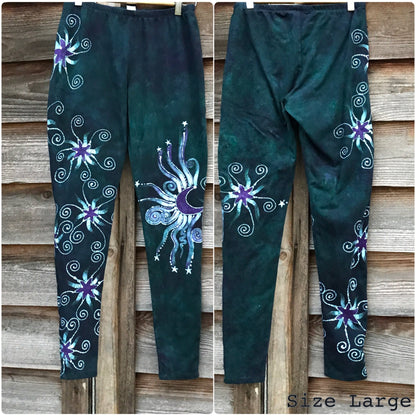 Imperfection - Dark Teal and Purple Stars Batikwalla Leggings - Size Large leggings batikwalla 