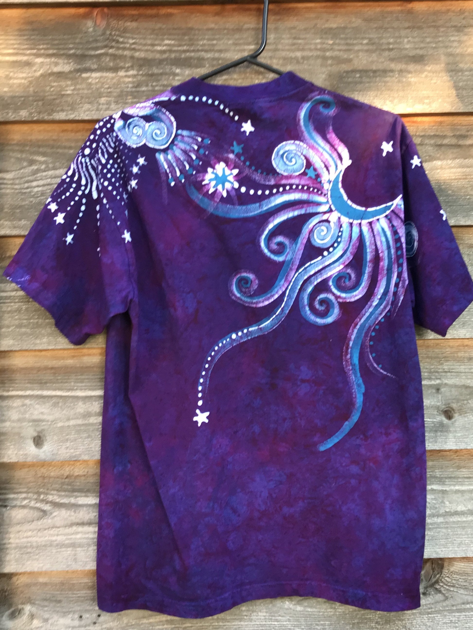 Moonlight Guides Us In Glowing Purple Handmade Batik Tshirt - Size Medium tshirt batikwalla 