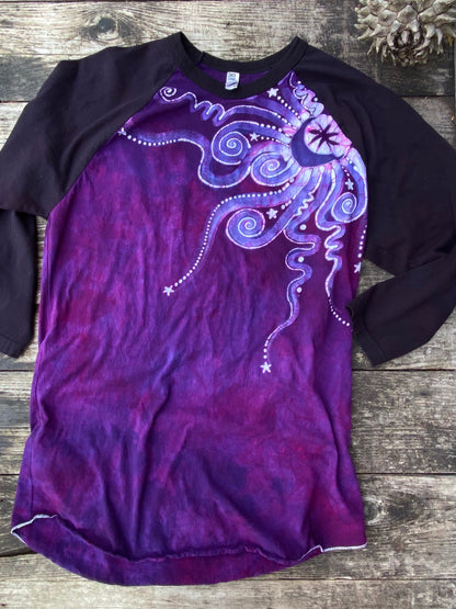 Magenta Moonbeams Black Raglan Quarter Sleeve Batik Top Batikwalla 