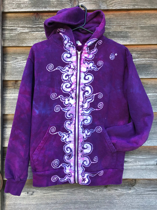 Purple Magenta Very Fancy Tuxedo Swirls Handcrafted Batik Zipper Hoodie - Size Small hoodie batikwalla 
