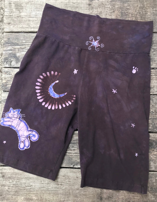 Cat and Moon and Stars Batik Biker Shorts - Purple Eggplant 2X Batikwalla by Victoria 