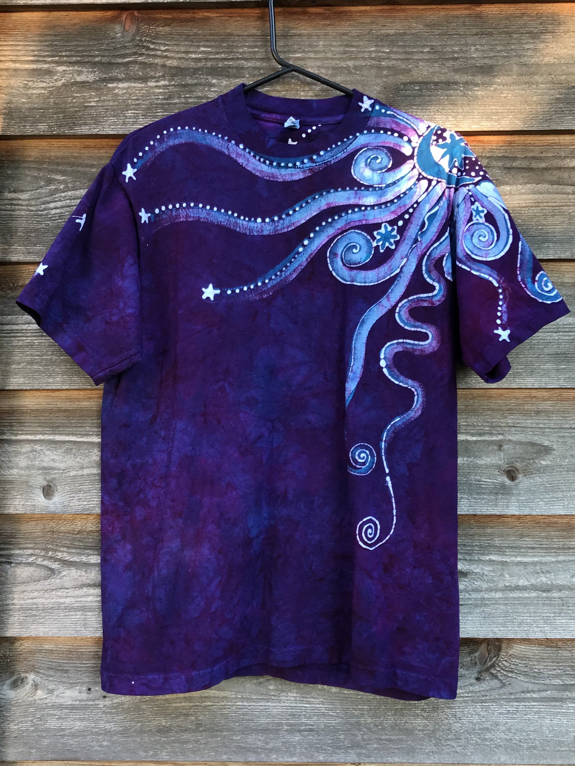 Moonlight Guides Us In Glowing Purple Handmade Batik Tshirt - Size Medium tshirt batikwalla 