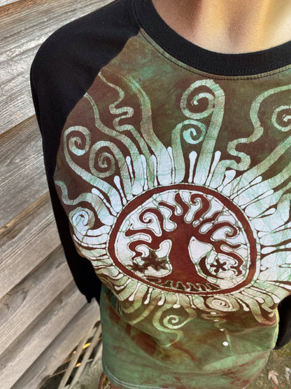 Green Tree of Life Sun Mandala Black Raglan Long Sleeve Batik by Batikwalla Batikwalla 