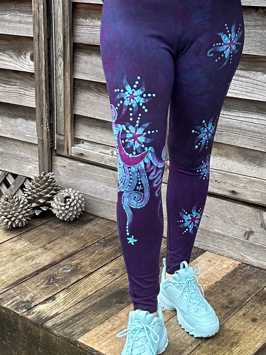 Deep Purple and Turquoise Moon and Star Batik Leggings - Size MEDIUM leggings batikwalla 