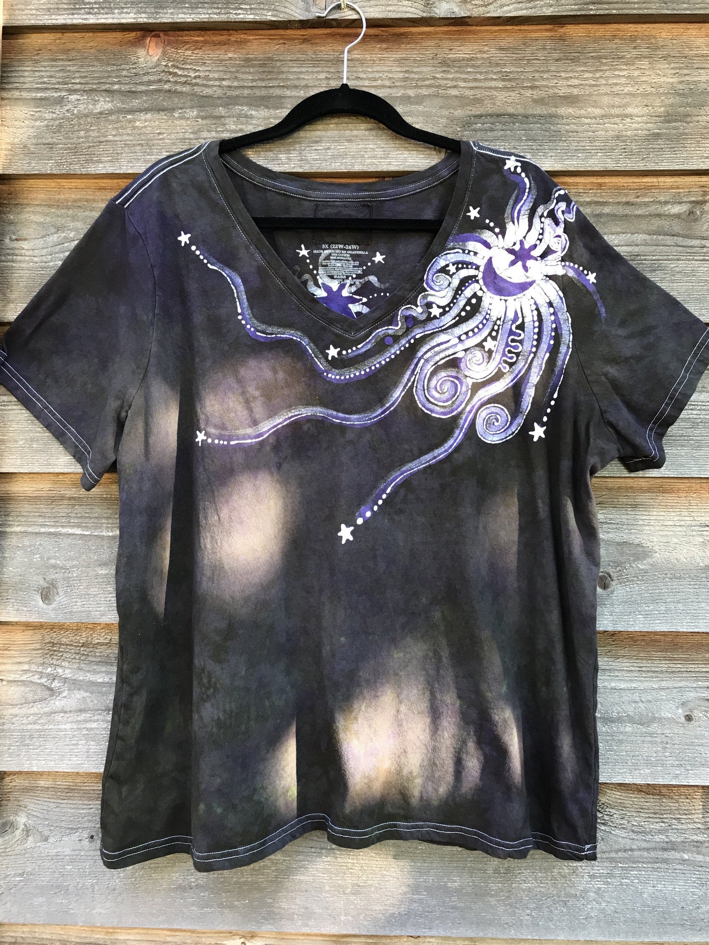 Sage and Purple Moonbeams Handmade Batik Summer Vneck Tee - Plus Size - 3X