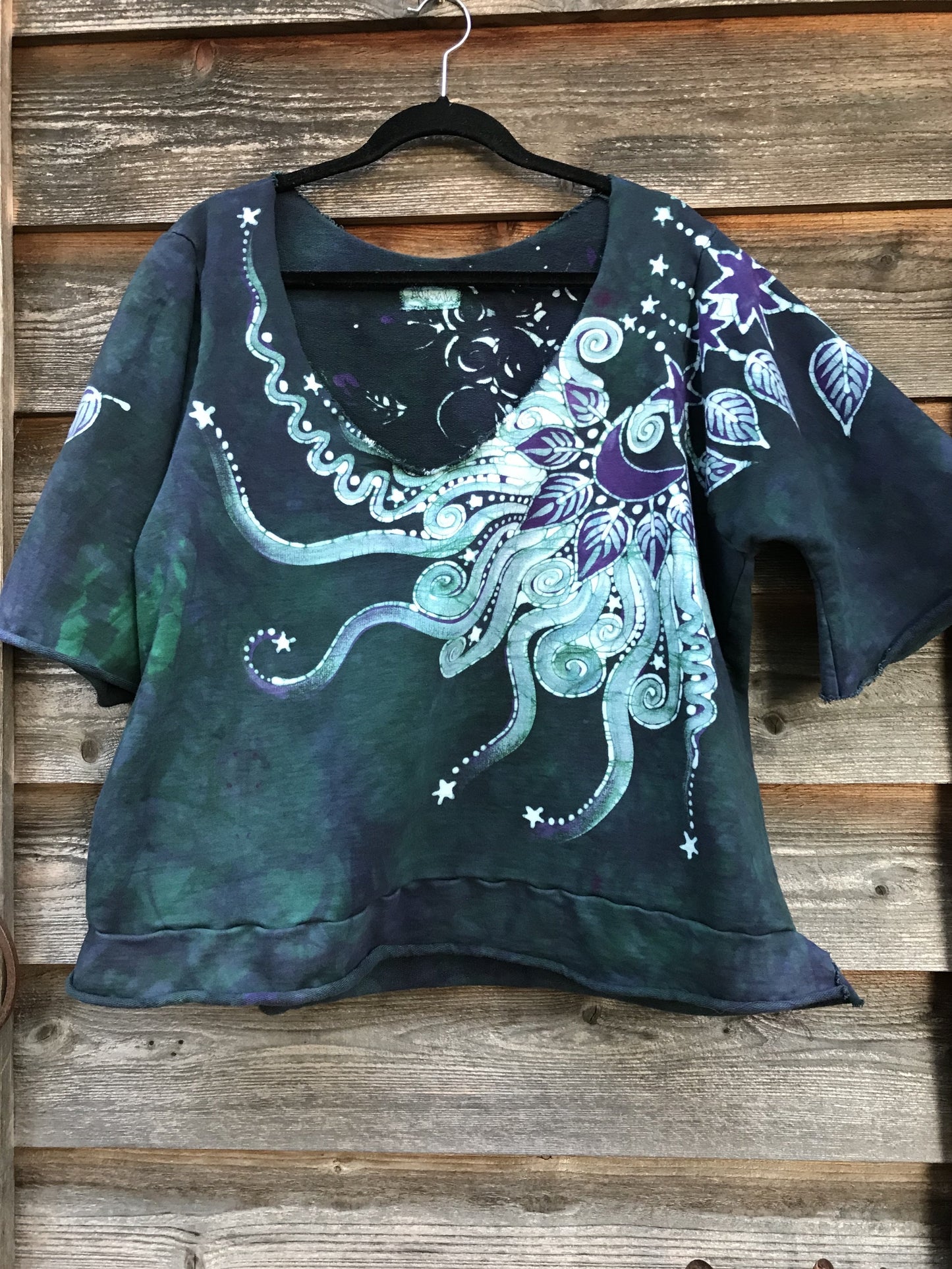 Teal Purple Moon Organic Cotton Handmade Batik Top, Size 2X Plus Batik Dresses Batikwalla 