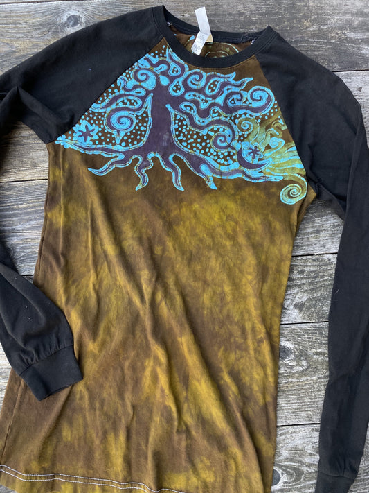 Turquoise Aura Tree Black Raglan Long Sleeve Batik Top by Batikwalla Batikwalla Small 