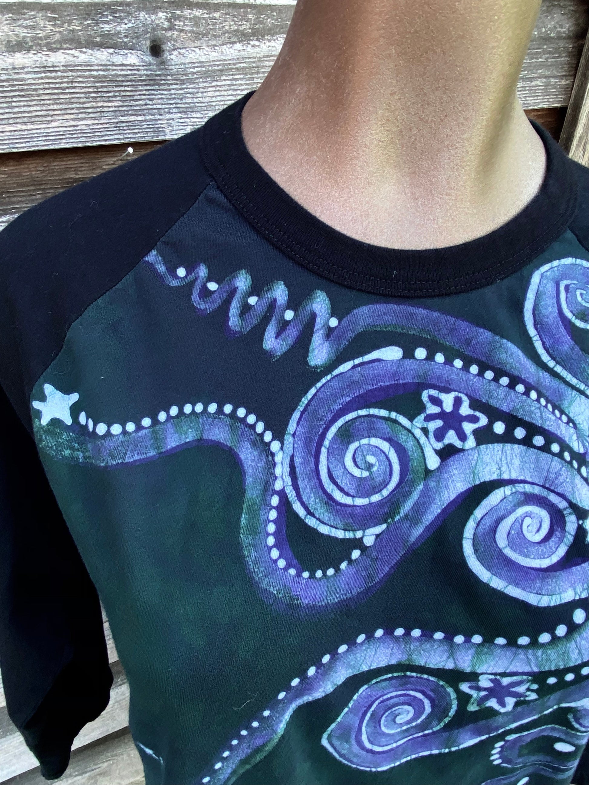 Teal Moonbeams Black Raglan 3/4 Sleeve Batik Top Batikwalla Medium 