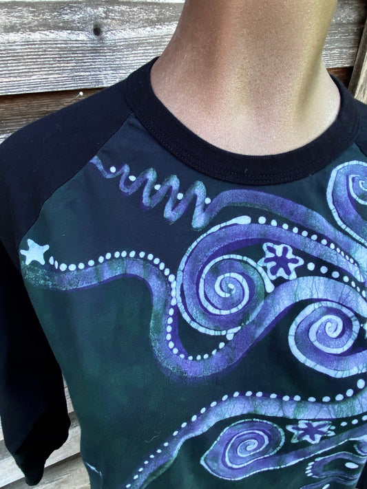 Teal Moonbeams Black Raglan 3/4 Sleeve Batik Top Batikwalla Medium 