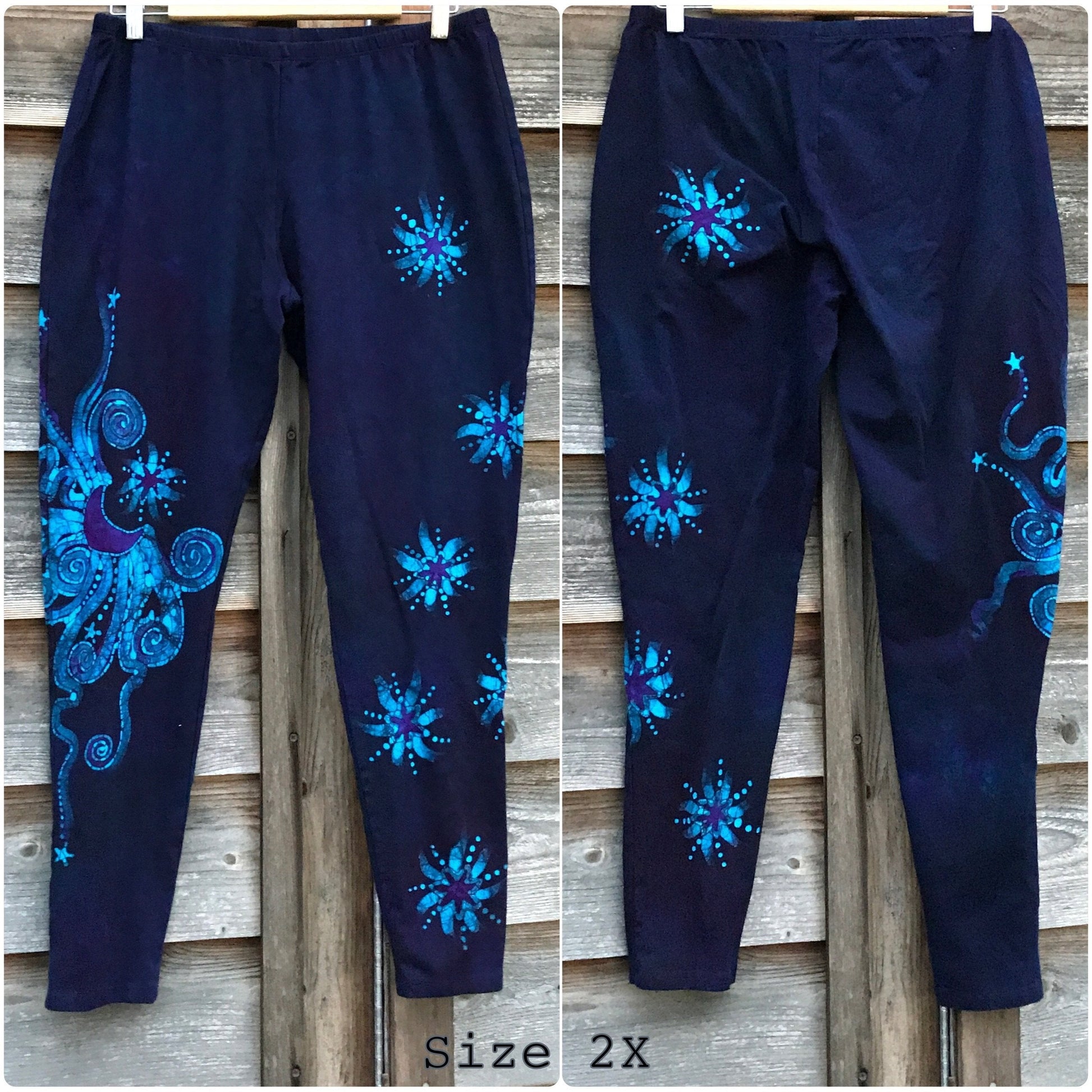 Draft of Deep Purple and Turquoise Moon & Star Batik Leggings leggings batikwalla 2X 