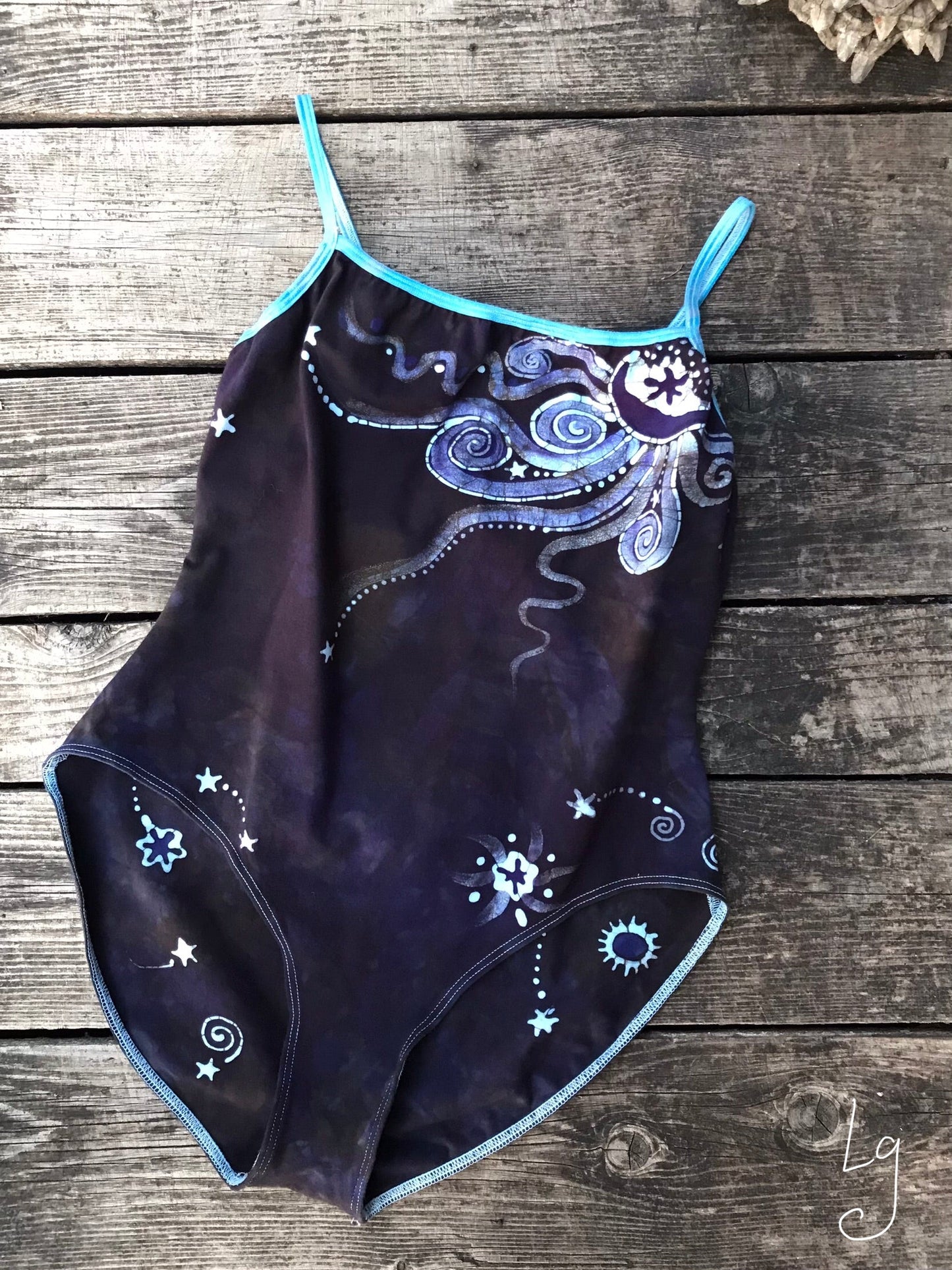 Purple and Sage Moondance Hand Painted Batik Leotard Tops batikwalla Large 