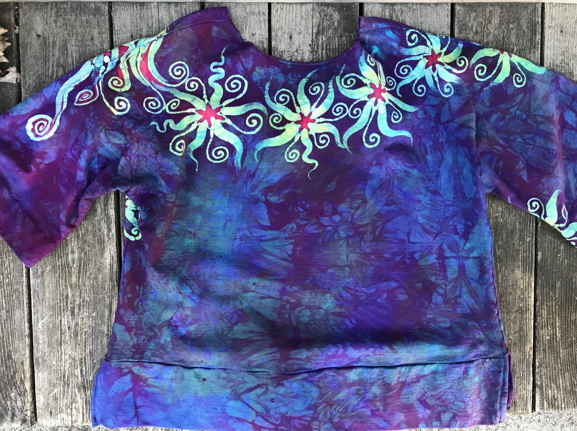 Lavendar Moon Glow Vneck Organic Cotton Handmade Batik Top, Size L/XL Batik Dresses Batikwalla 