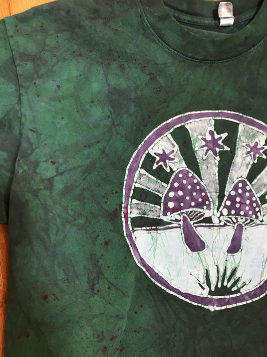 Meadow Mushrooms In Teal and Purple Handmade Batik Tshirt - Size Large tshirt batikwalla 