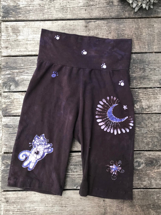 Slim Cat and Moon and Stars Batik Biker Shorts - Purple Eggplant Batikwalla by Victoria 