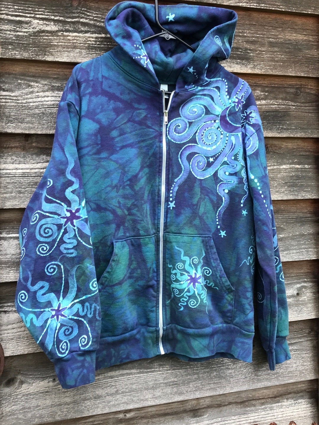 Teal and Purple Tree of Life Handcrafted Batik Zipper Hoodie - Size Medium hoodie batikwalla 