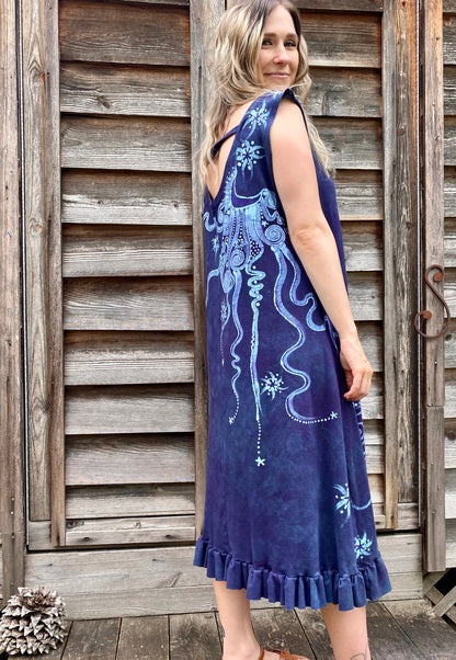 Teal and Purple Tree in the Forest Organic Cotton Batik Dress Batik Dresses Batikwalla 