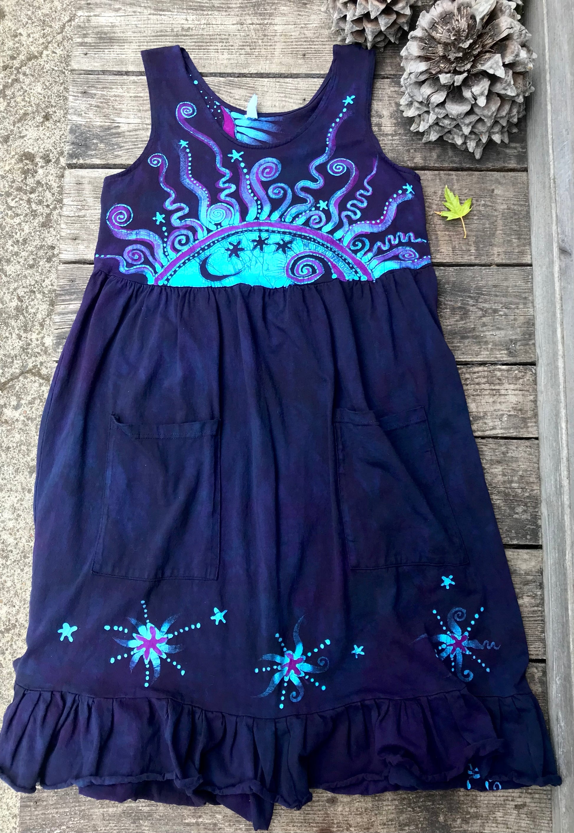 Mystic Moonlight with Turquoise Sunrise - Farmer's Market Pocket Dress - Size MEDIUM Batik Dresses Batikwalla 