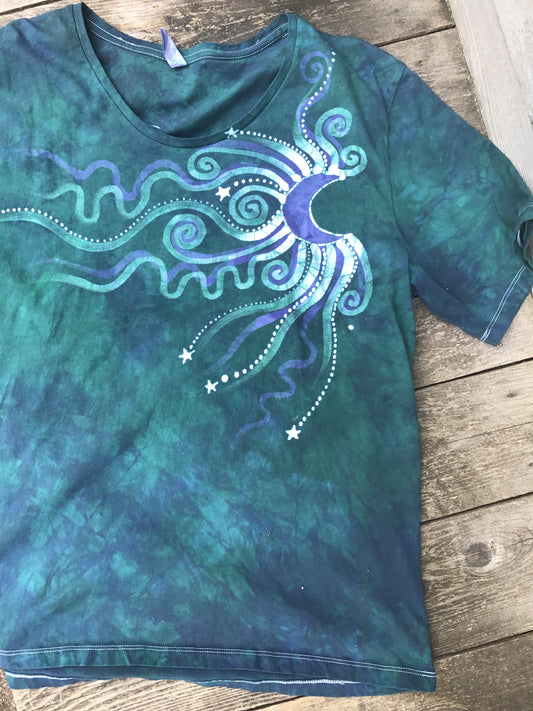 Teal and Purple Moonbeams Handmade Batik Scoop Neck Tshirt