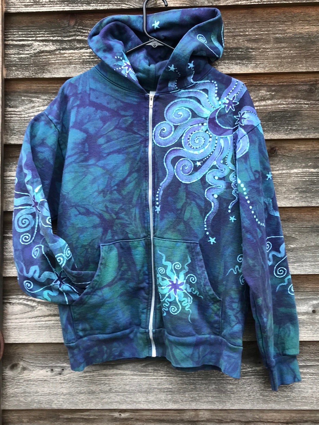 Teal and Purple Tree of Life Handcrafted Batik Zipper Hoodie - Size Medium hoodie batikwalla 