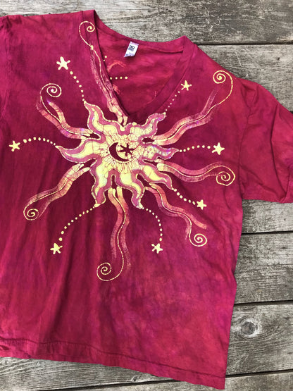 Moonbeams Mandala in Campfire Red - HandCrafted Batik Vneck Tee Batikwalla by Victoria 