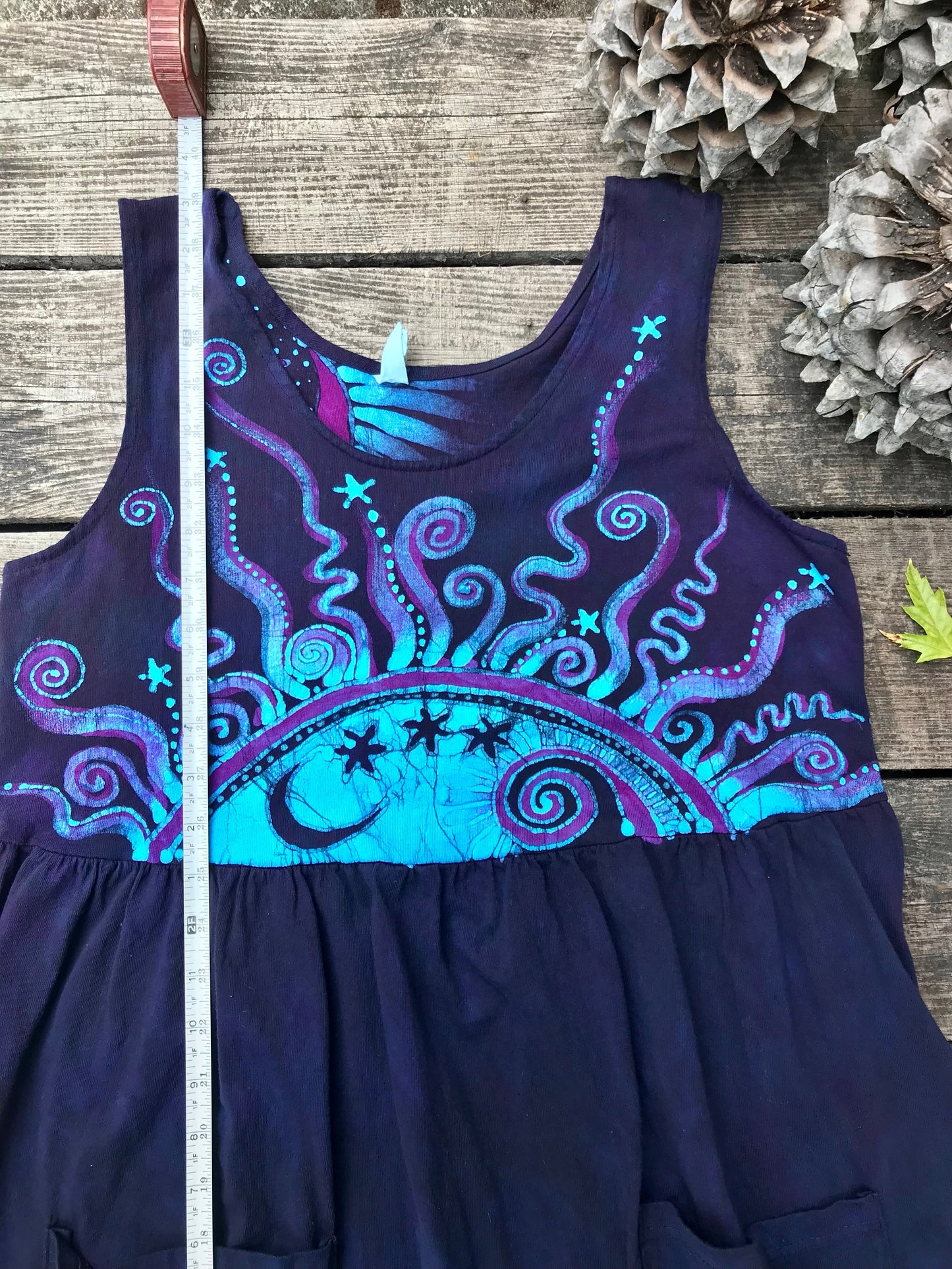 Mystic Moonlight with Turquoise Sunrise - Farmer's Market Pocket Dress - Size MEDIUM Batik Dresses Batikwalla 