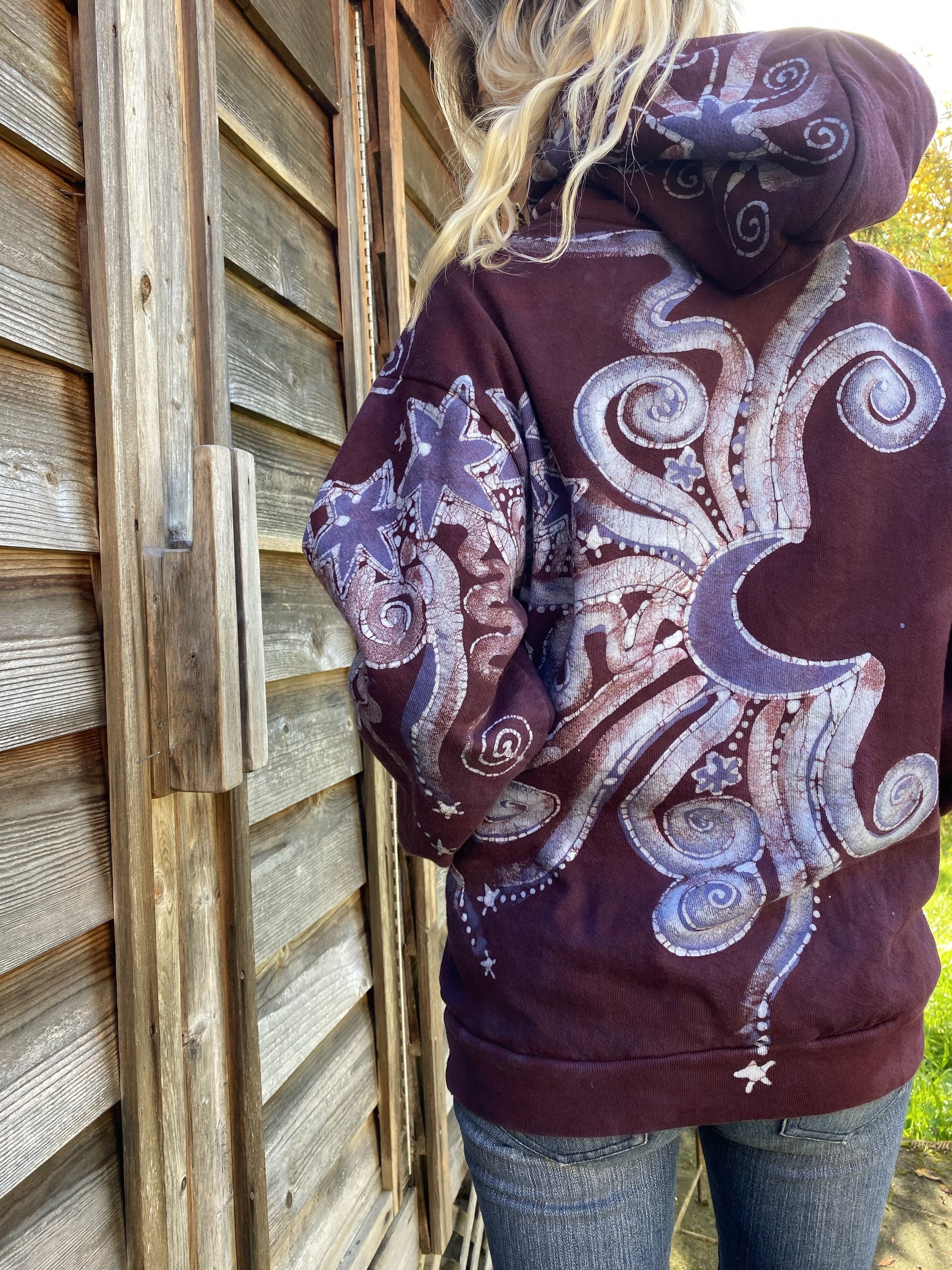 Tree Moon Magic All Around Me in Burgundy Purple Pullover Hoodie - Handcrafted Batik - Size SMALL hoodie batikwalla 