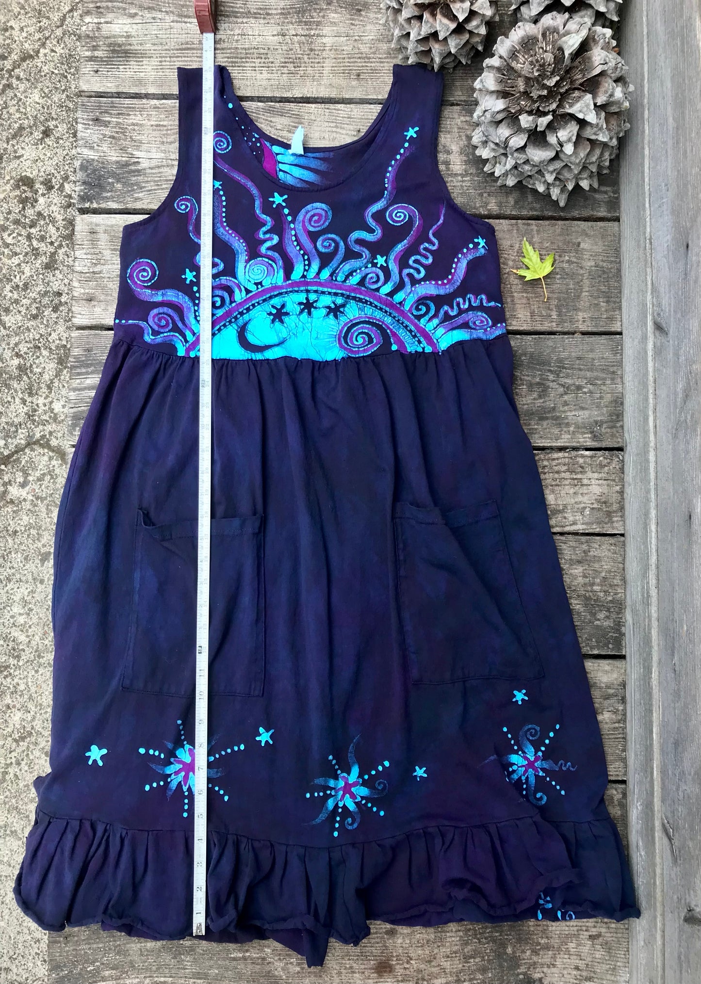 Mystic Moonlight with Turquoise Sunrise - Farmer's Market Pocket Dress - Size MEDIUM Batik Dresses Batikwalla 