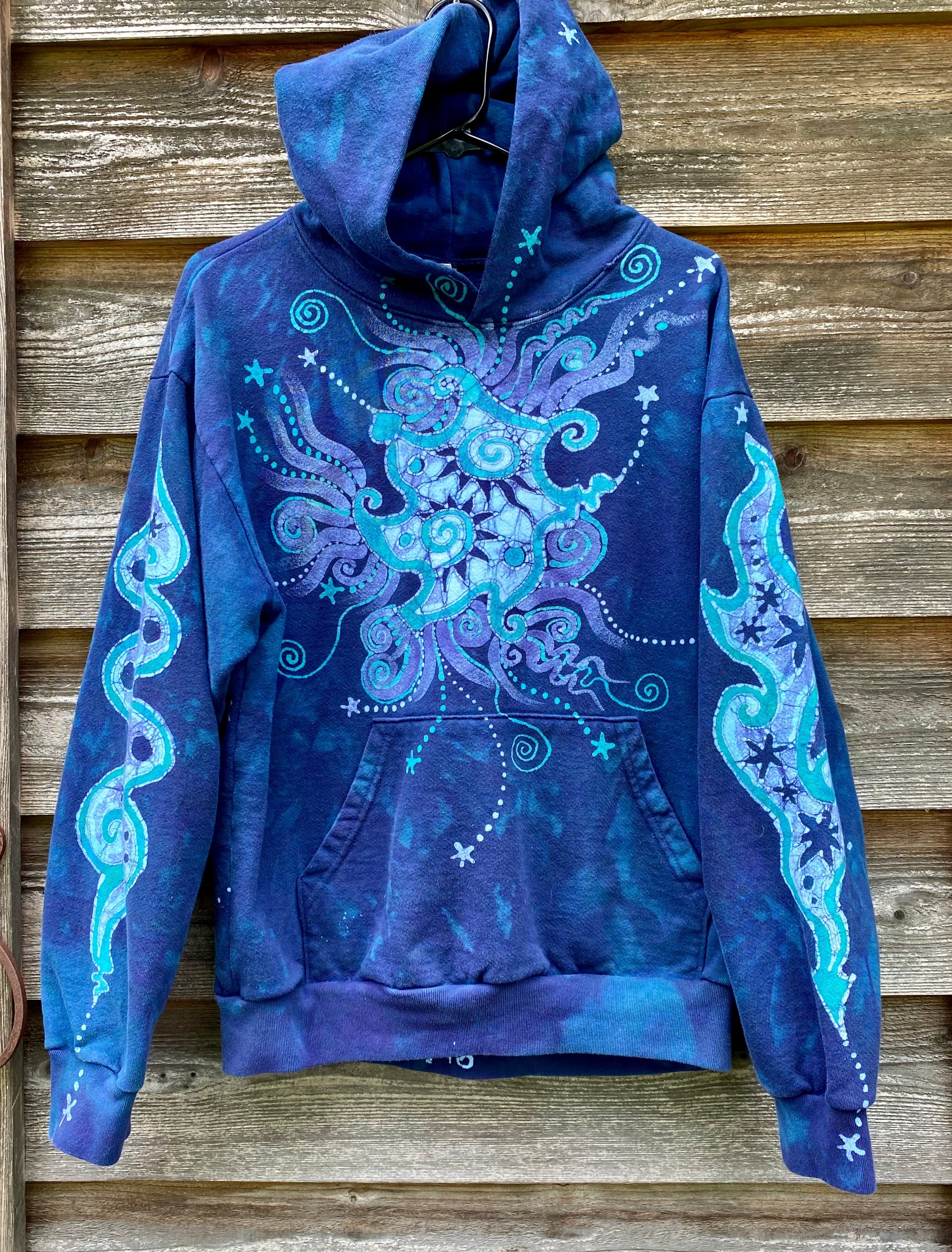 Aqua Serene Moon and Stars Handcrafted Batik Pullover Hoodie