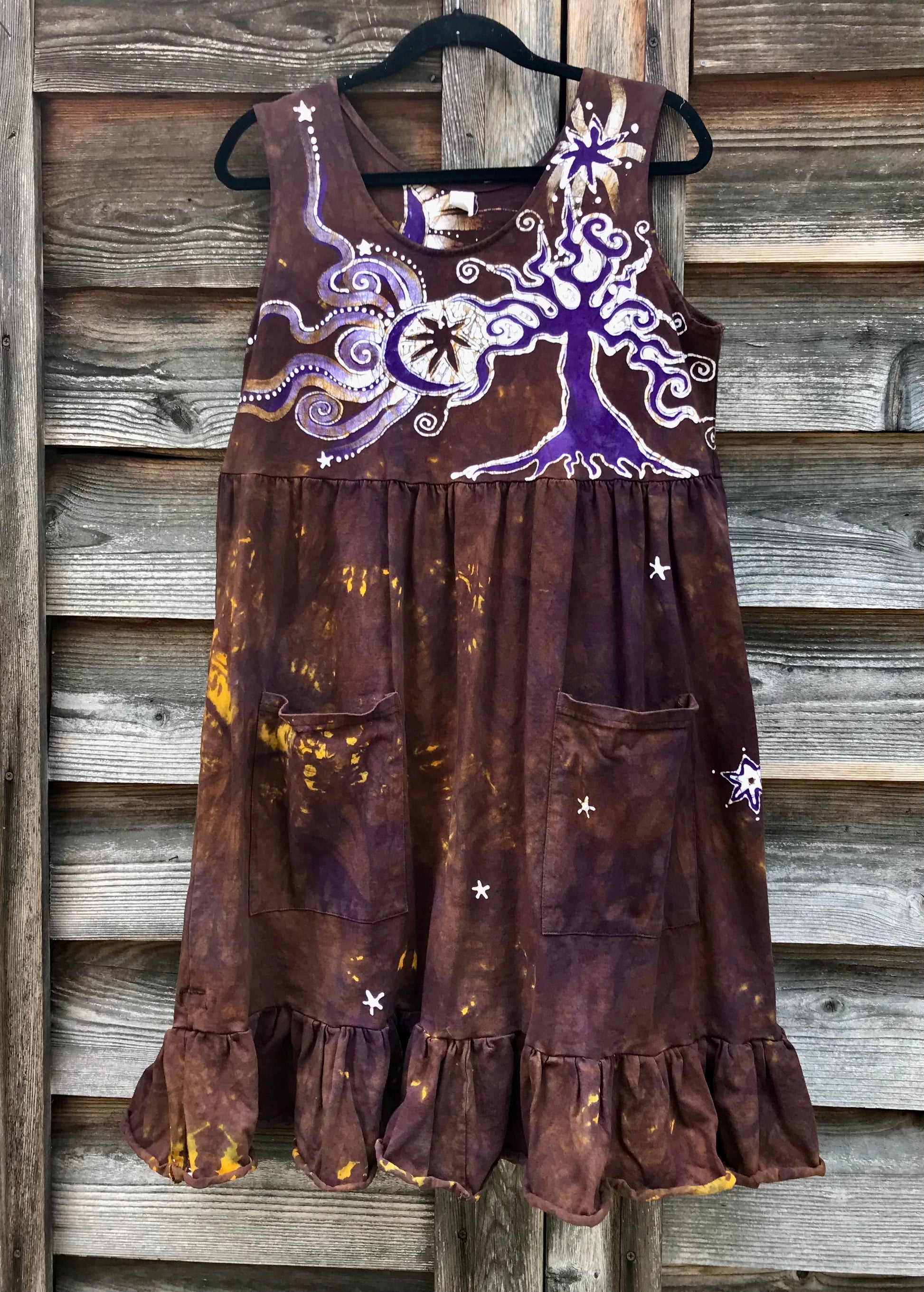 Golden Sun Purple Forest Farmer's Market Pocket Dress - Size Large Batik Dresses Batikwalla 