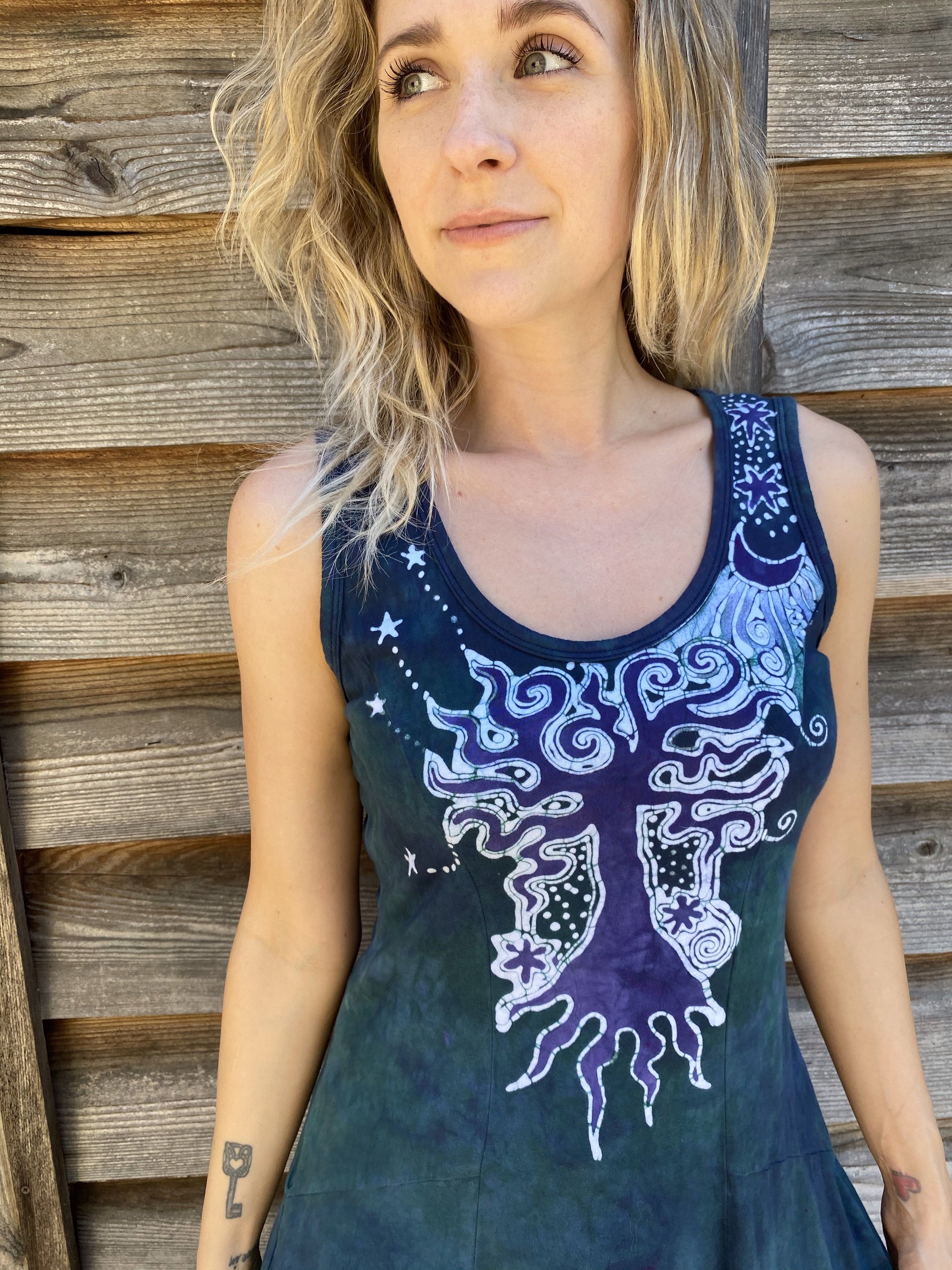 Teal and Purple Tree Loves The Moon Boho Batik Dress Batik Dresses Batikwalla 
