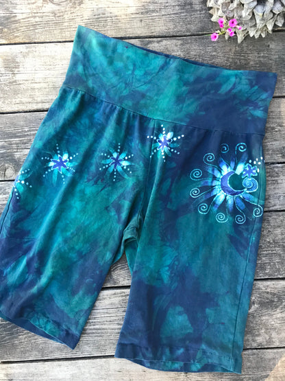 Moon and Stars Batik Biker Shorts - Teal and Purple Batikwalla by Victoria 