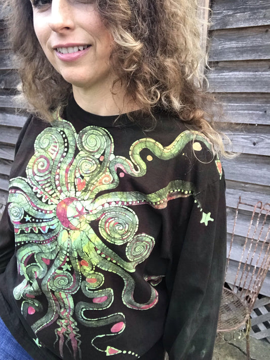 Jellyfish Moon in Dark Chocolate Handmade Batik Long Sleeve Tshirt - Size XL