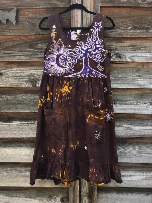 Golden Sun Purple Forest Farmer's Market Pocket Dress - Size Medium Batik Dresses Batikwalla 