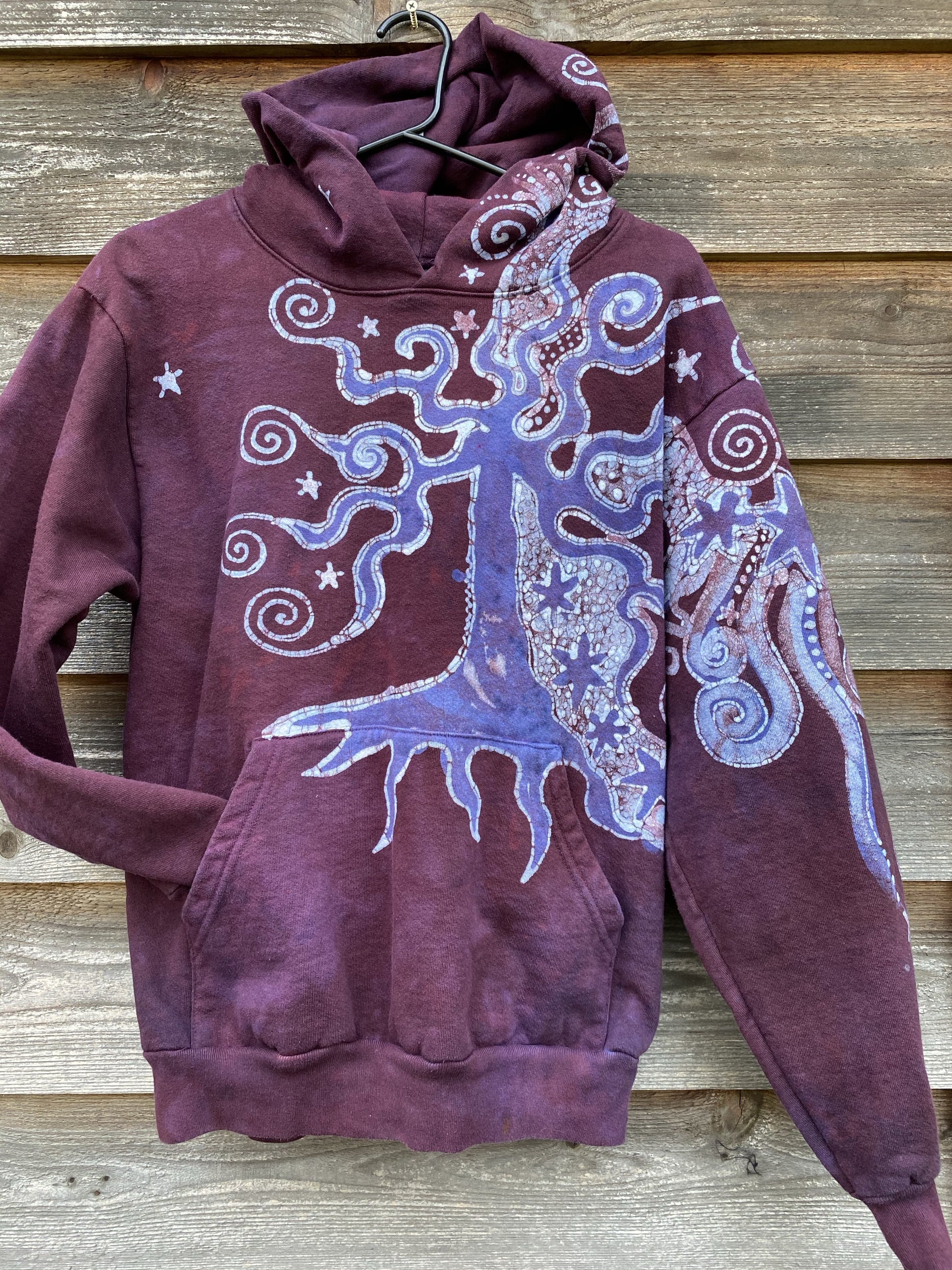 Tree Moon Magic All Around Me in Burgundy Purple Pullover Hoodie - Handcrafted Batik - Size SMALL hoodie batikwalla 