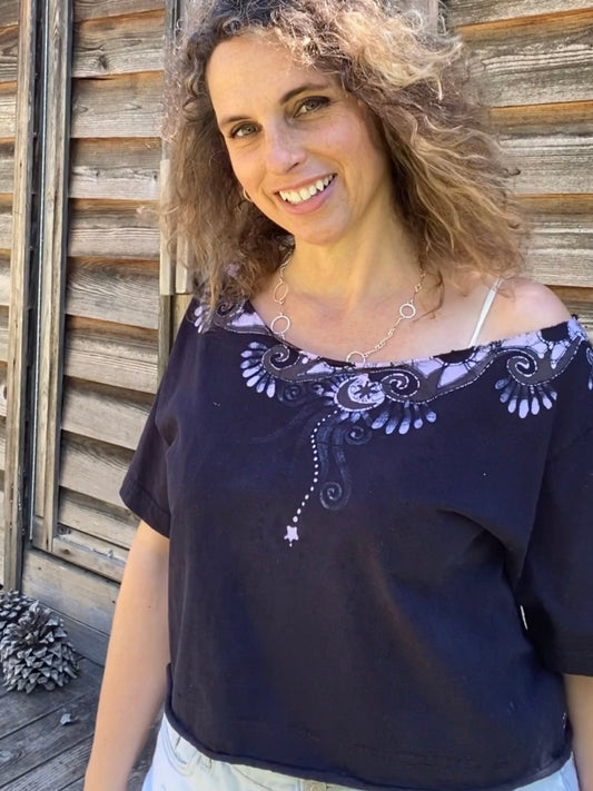 Perpetual Waves of Onyx Oversize Crop Top Shirts & Tops Batikwalla by Victoria 