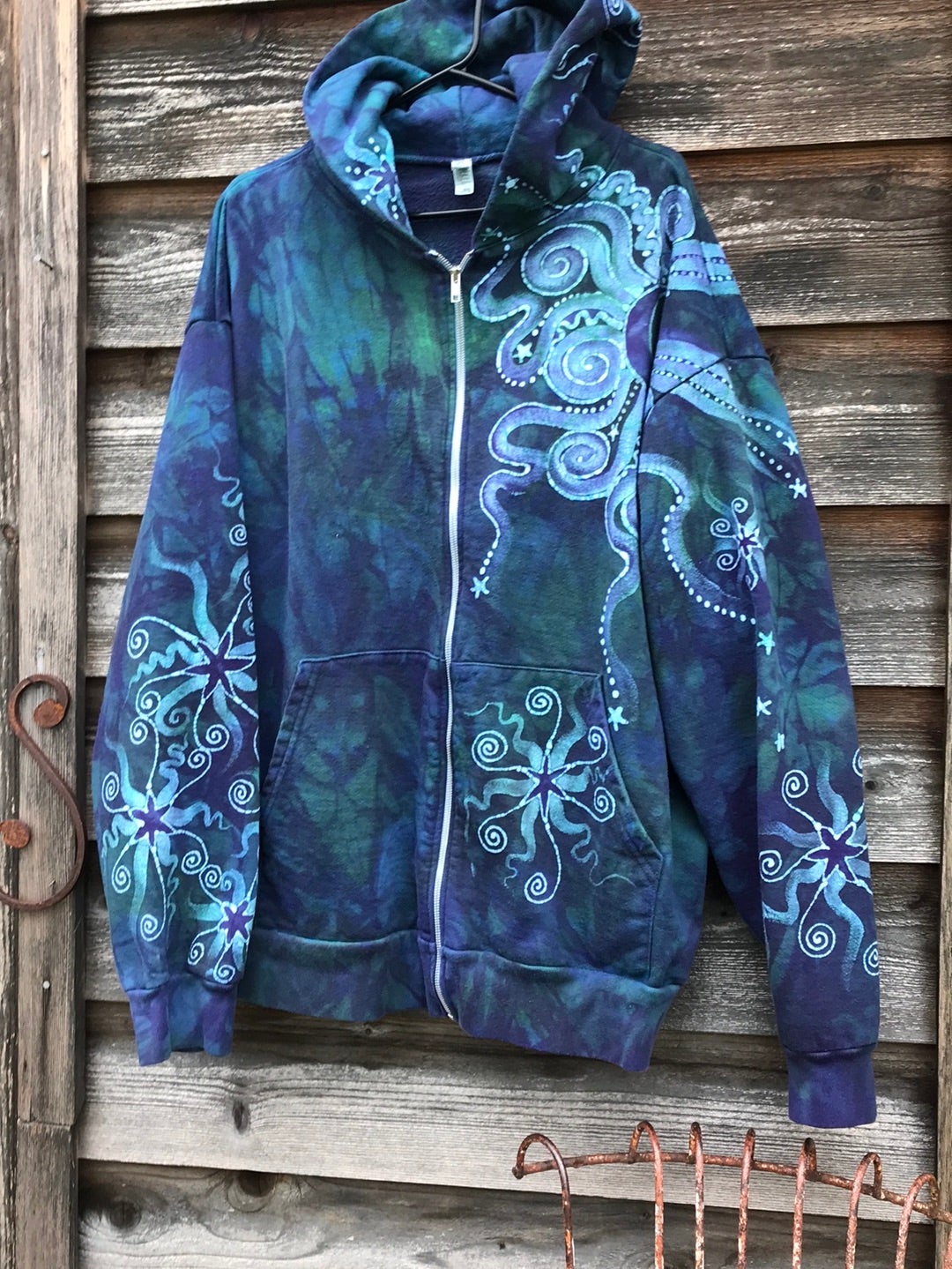 Teal and Purple Tree of Life Handcrafted Batik Zipper Hoodie